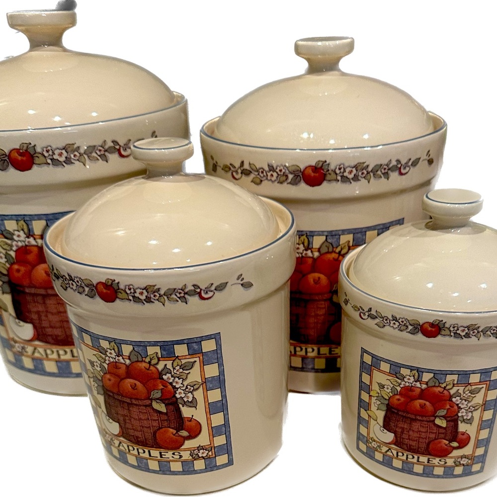 VTG SUSAN WINGET APPLE CANISTERS SET OF 4 FLOUR SUGAR COFFEE TEA KITCHEN DECOR